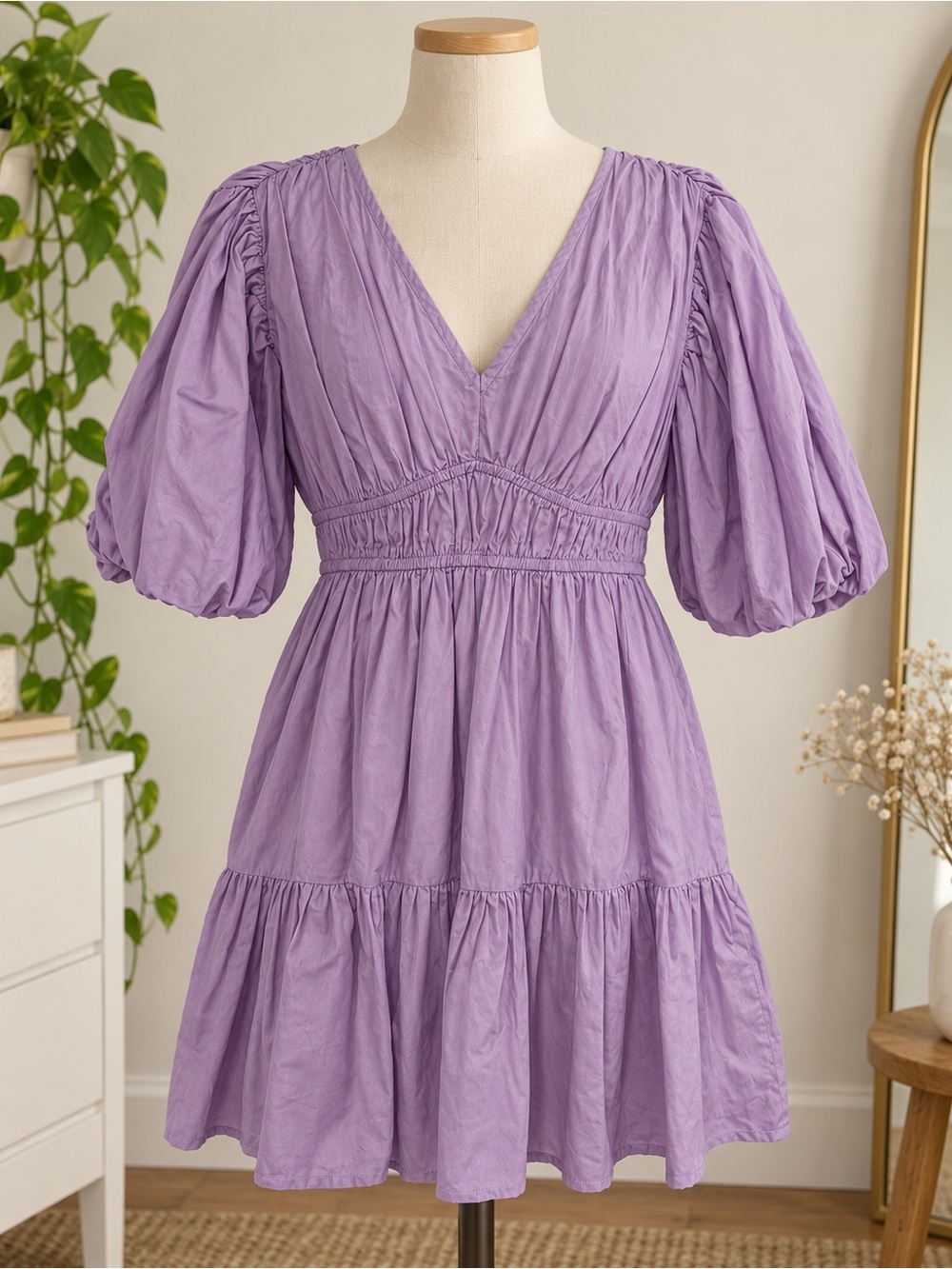 Lilac Puff Sleeve Tiered Mini Dress